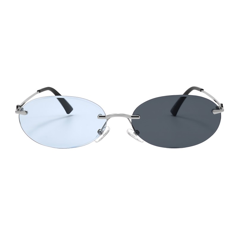 Oval Silver Sungasses with Tinted Blue Lenses