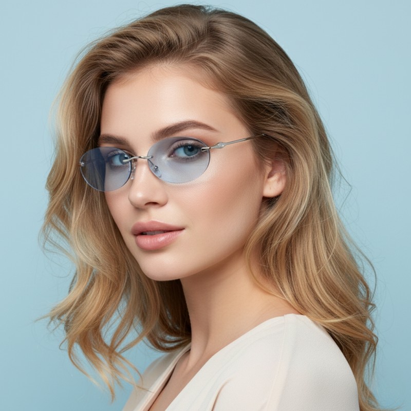 Oval Silver Sungasses with Tinted Blue Lenses