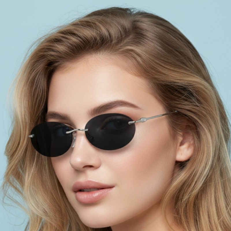 Oval Silver Sungasses with Tinted Blue Lenses